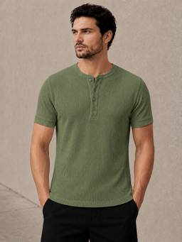 Perch - Pastel Green Waffle Henley Half Sleeve T-Shirt
