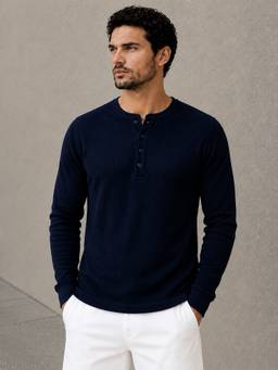Perch - Navy Waffle Henley Full Sleeve T Shirt