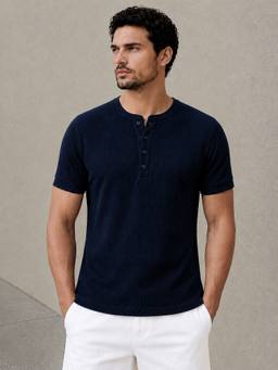 Perch - Navy Waffle Henley Half Sleeve T Shirt
