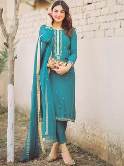 Gahan - Womens Viscose Rayon Straight Embroidered Kurta with Pant & Dupatta - Green