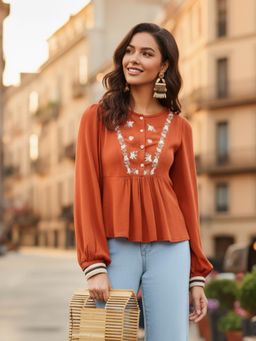 Gahan - Womens Viscose Rayon Embroidered Tunic - Orange