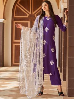 Gahan - Womens Viscose Rayon Straight Embroidered Kurta with Pant & Dupatta - Purple
