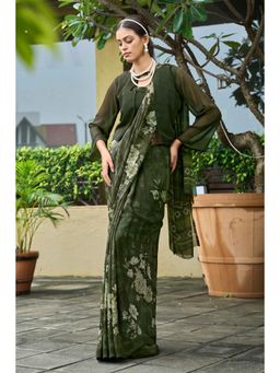 Gahan - Dark Green Printed Georgette Casual Saree with Unstitched Blouse