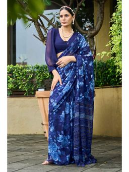 Gahan - Navy Blue Printed Georgette Casual Saree with Unstitched Blouse