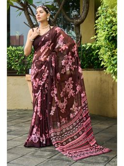 Gahan - Brown Printed Georgette Casual Saree with Unstitched Blouse