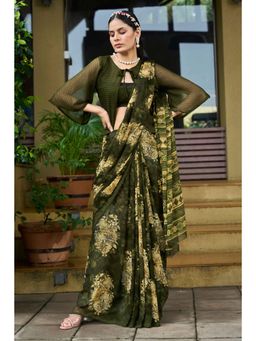 Gahan - Army Green Printed Georgette Casual Saree with Unstitched Blouse