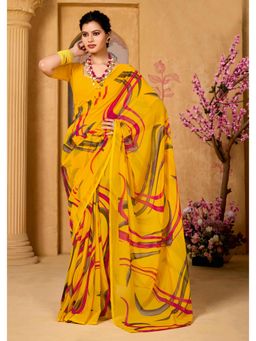 Gahan - Yellow Printed Georgette Casual Saree with Unstitched Blouse