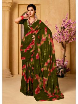Gahan - Olive Green Printed Georgette Casual Saree with Unstitched Blouse