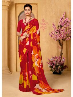 Gahan - Red Printed Georgette Casual Saree with Unstitched Blouse