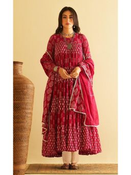 Gahan - Womens Viscose Rayon Anarkali Printed Kurta with Pant & Dupatta - Red