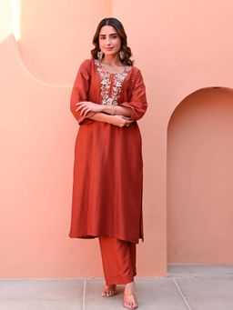 Gahan - Womens Viscose Rayon Straight Embroidered Kurta with Pant - Rust