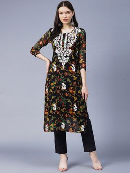Gahan - Womens Viscose Rayon Straight Embroidery Kurta - Black