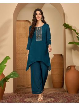 Gahan - Teal Silk Blend Zari Sequence Thread Embroidered with Mirror Work Kurta and Dupatta