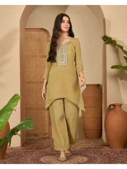 Gahan - Beige Silk Blend Zari Thread Embroidered with Mirror Work Kurta with Pant