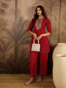 Gahan - Red Cotton Zari Thread Embroidered with Mirror Work Kurta with Pant