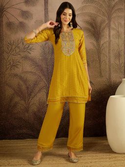 Gahan - Yellow Cotton Zari Thread Embroidered with Mirror Work Kurta with Pant