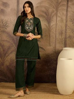 Gahan - Olive Green Cotton Zari Thread Embroidered with Mirror Work Kurta with Pant