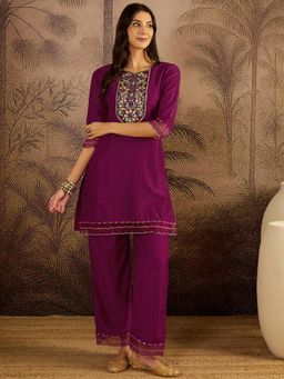 Gahan - Wine Cotton Zari Thread Embroidered with Mirror Work Kurta with Pant