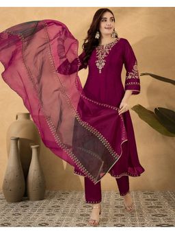 Gahan - Embroidered Zari Sequence Burgundy Silk Blend Anarkali Kurta with Pant and Dupatta