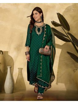 Gahan - Green Silk Blend Zari Sequence Embroidered Anarkali Kurta with Pant and Dupatta