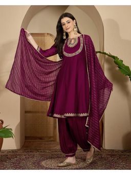 Gahan - Burgundy Silk Blend Zari Sequence Embroidered Anarkali Kurta with Salwar and Dupatta