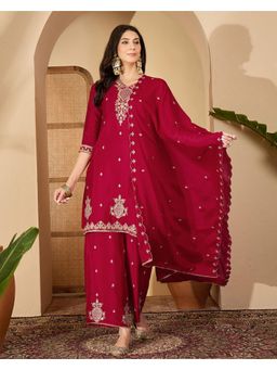 Gahan - Red Silk Blend Zari Sequence Thread Embroidered Kurta with Palazzo and Dupatta