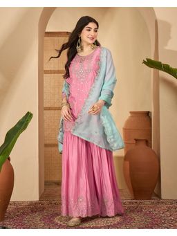 Gahan - Pink Silk Blend Zari Sequence Embroidered Kurta with Sharara and Dupatta