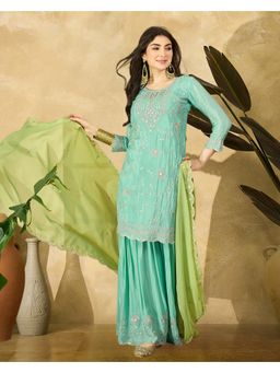 Gahan - Turquoise Blue Silk Blend Zari Sequence Embroidered Kurta with Sharara and Dupatta