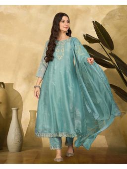 Gahan - Sky Blue Silk Blend Sequence Thread Embroidered Anarkali Kurta with Pant and Dupatta