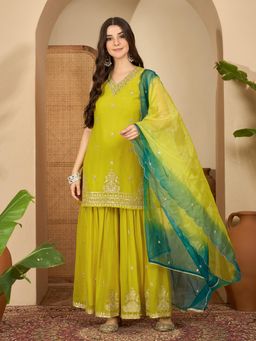 Gahan - Yellow Georgette Zari Sequence Thread Embroidered Kurta with Sharara and Dupatta