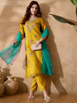 Gahan - Yellow Silk Blend Zari Sequence Thread Work Embroidered Kurta with Pant and Dupatta