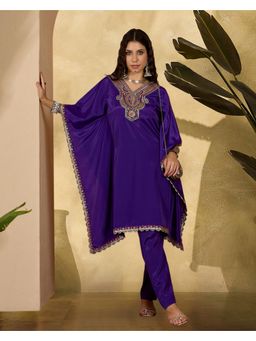Gahan - Purple Crepe Zari Sequence Thread Embroidered Kaftan with Pant