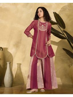 Gahan - Maroon Silk Blend Zari Sequence Thread Cording Kurta and Palazzo