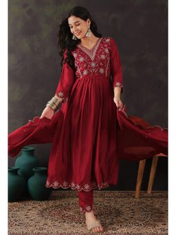 Gahan - Maroon Vichitra Zari Sequence Embroidered A-Line Anarkali Kurta with Pant and Dupatta