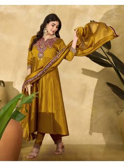 Gahan - Mustard Vichitra Zari Sequence Embroidered Anarkali Kurta with Pant and Dupatta