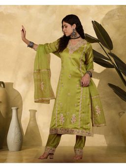 Gahan - Lime Green Vichitra Zari Sequence Thread Cording Embroidered Kurta with Pant and Dupatta