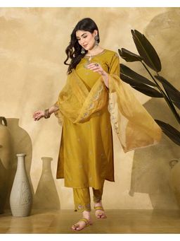 Gahan - Yellow DChinon Silk Blend Zari Sequence Thread Embroidered Kurta with Pant and Dupatta