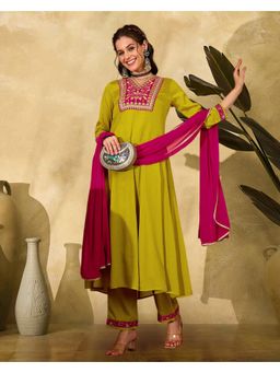 Gahan - Lime Yellow Poly Chinon Zari Sequence Embroidered Kurta with Pant and Dupatta