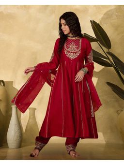 Gahan - Red Shimmer Vichitra Zari Sequence Embroidery Anarkali Kurta with Pant and Dupatta