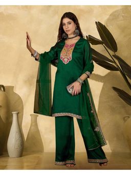 Gahan - Green Vichitra Zari Sequence Thread Cording Embroidery Kurta with Palazzo and Dupatta