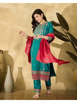 Gahan - Teal Vichitra Zari Sequence Thread Cording Embroidered Kurta with Pant and Dupatta