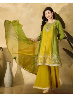 Gahan - Yellow Green Poly Chinon Zari Sequence Embroidered Kurta with Sharara and Dupatta