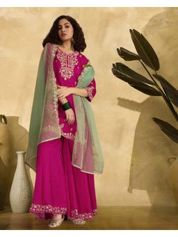 Gahan - Rani Vichitra Zari Sequence Cording Embroidered Kurta with Sharara and Dupatta