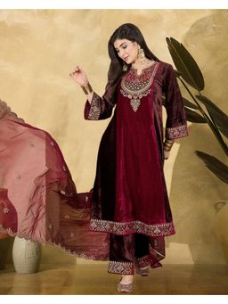 Gahan - Maroon & Brown Zari Sequence Thread Cording Embroidered Kurta with Palazzo and Dupatta