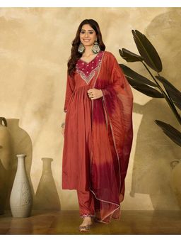 Gahan - Rust Natural Crepe Zari Sequence Thread Embroidered Kurta with Pant and Dupatta