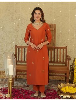 Gahan - Womens Viscose Rayon Straight Embroidered Kurta with Pant - Orange