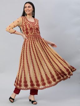 Gahan - Womens Viscose Rayon Anarkali Embroidered Kurta - Beige