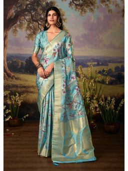Gahan - Sky Blue Woven Digital Printed Soft Silk Saree with Unstitched Blouse