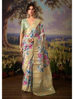Gahan - Olive Green Woven Digital Printed Soft Silk Saree with Unstitched Blouse