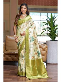 Gahan - Parrot Green Woven Digital Printed Soft Silk Saree with Unstitched Blouse